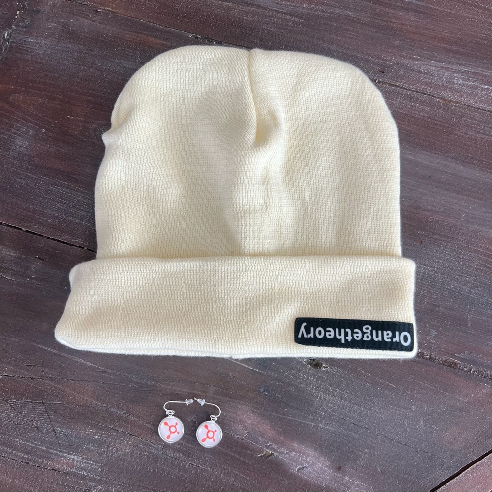 Orangetheory beanie hat & pair of earrings lot of 2 items one size